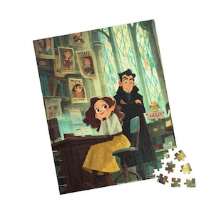 May include: A colorful jigsaw puzzle featuring an illustrated scene with two characters, a woman and a man, in a room with wanted posters. The woman is seated at a desk. The puzzle pieces are scattered at the bottom. The word "HALP!" is on a sign.