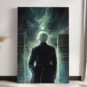 May include: A man in a dark suit stands in a library with tall bookshelves filled with books. He is facing away from the viewer, and there is a faint wisp of smoke above his head.