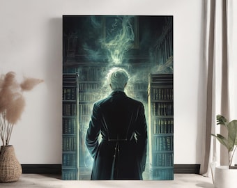 May include: A man in a dark suit stands in a library with tall bookshelves filled with books. He is facing away from the viewer, and there is a faint wisp of smoke above his head.