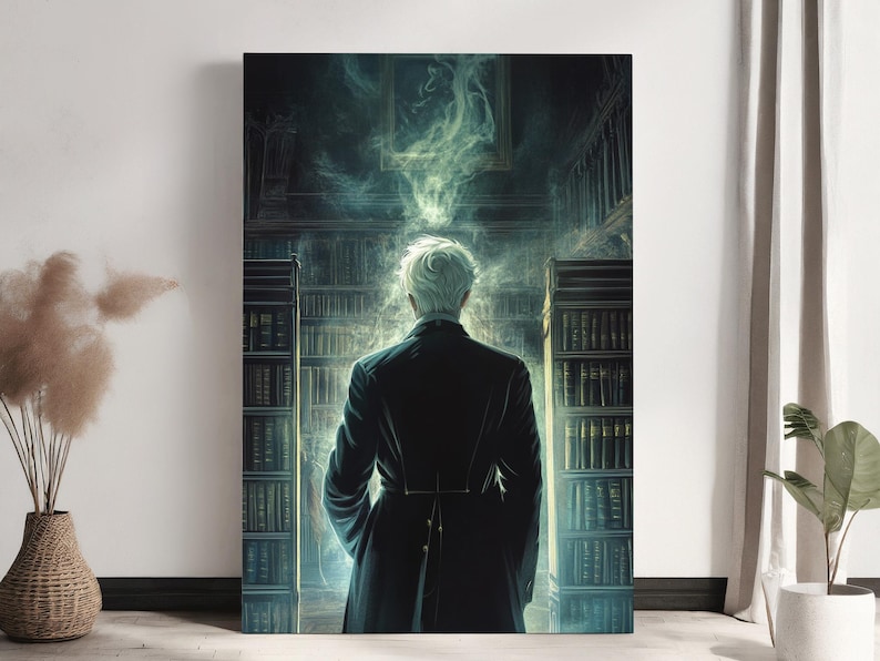 May include: A man in a dark suit stands in a library with tall bookshelves filled with books. He is facing away from the viewer, and there is a faint wisp of smoke above his head.