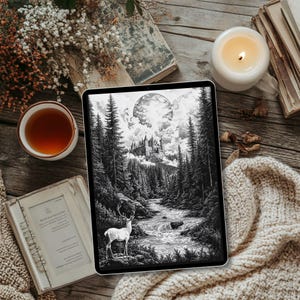 May include: A black and white digital illustration of a forest scene with a castle in the distance, a full moon in the sky, and a deer standing in the foreground. The illustration is on a tablet screen.