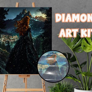 May include: Diamond art kit featuring a woman with red hair in a black dress, standing before a mountain landscape. The image is displayed on an easel. The words "DIAMOND ART KIT" are in the upper right corner. A close-up shows the diamond art detail.