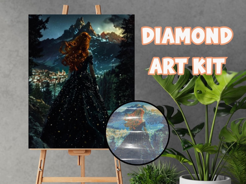 May include: Diamond art kit featuring a woman with red hair in a black dress, standing before a mountain landscape. The image is displayed on an easel. The words "DIAMOND ART KIT" are in the upper right corner. A close-up shows the diamond art detail.