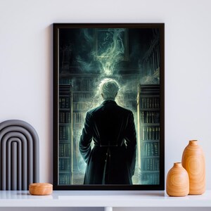 May include: A man in a dark suit stands in a room with bookshelves filled with books. The room is filled with smoke and the man is looking away from the viewer.