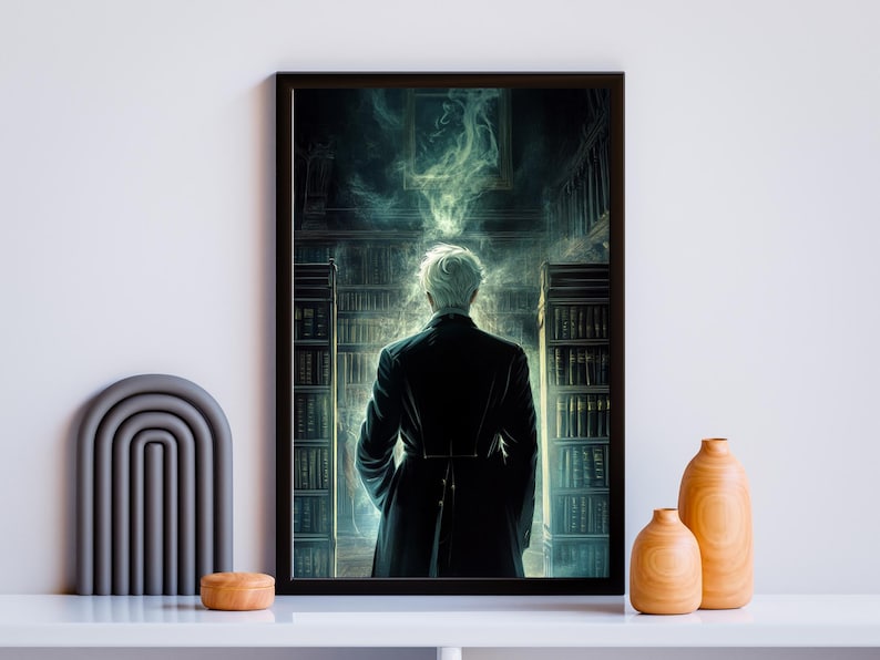 May include: A man in a dark suit stands in a room with bookshelves filled with books. The room is filled with smoke and the man is looking away from the viewer.