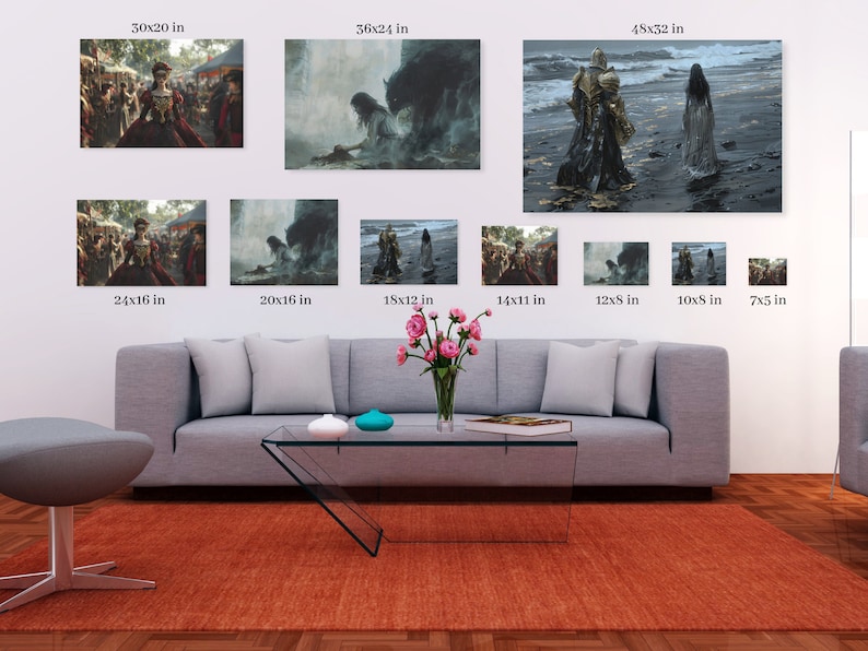 May include: A collage of nine different sized framed art prints, featuring fantasy and medieval themes. The prints are arranged on a white wall above a grey sofa with a glass coffee table. The prints are all different sizes, ranging from 7x5 inches to 48x32 inches.