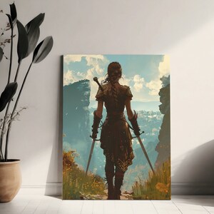 May include: A woman in a brown leather tunic and skirt stands on a path in a mountainous landscape. She holds two swords, one in each hand, and looks out over the horizon. The sky is blue with white clouds.
