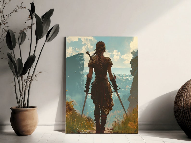 May include: A woman in a brown leather tunic and skirt stands on a path in a mountainous landscape. She holds two swords, one in each hand, and looks out over the horizon. The sky is blue with white clouds.