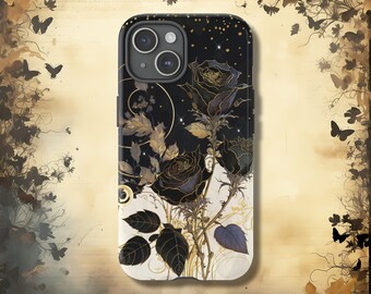 Dark Flowers Academia Phone Case, Boho Gothic Floral Roses Phone Cover, Elegant Witchy Botanical Cottagecore Case, Samsung, Pixel, iPhone