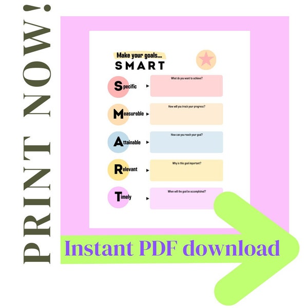 Smart Goals planner pages - 2 designs PDF files- Achieve your goals using the SMART method. Teachers, Moms, Dads, Students •