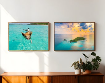 Coastal Decor, Tropical Island Photography, Tropical Island at Sunset Wall Art, Tropical Swimming Pig Wall Art, Set of 2 Instant Downloads