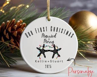 Personalized First Christmas Married White Ceramic Round/Heart Ornament, Two Starfish, First Christmas Married, Married and Merry Ornament