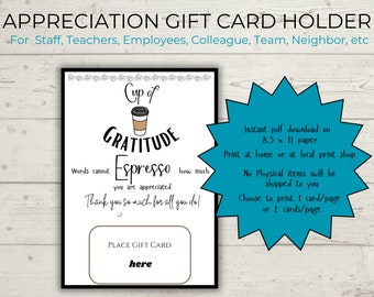 Appreciation Printable Coffee Gift Card Holder, Teacher Appreciation, Nurse, Staff, Assistant, Team, Colleague Thank you tag