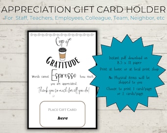 Appreciation Printable Coffee Gift Card Holder, Teacher Appreciation, Nurse, Staff, Assistant, Team, Colleague Thank you tag