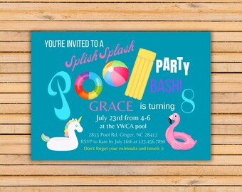 Girls pool birthday party Invitation/ editable invitation/ splish splash/ flamingos and unicorns/ 5x7