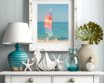 Coastal Decor Wall Art, Sailboat Print, Aerial Surfer Print, Coastal Decor, Tropical Vibe Prints, Set of 2 Instant Download