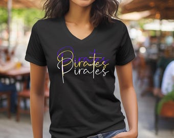 Pirates V-Neck Short Sleeve T-Shirt | Purple and Gold  | Gift for Her | Gift for Student or Alumni | Pirate Fan Gift | Pirate Gear