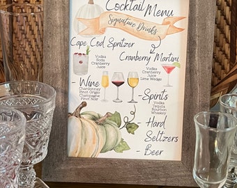 Editable Watercolor design Thanksgiving Cocktail Menu or any event cocktail menu, 5x7 Cocktail Menu Editable