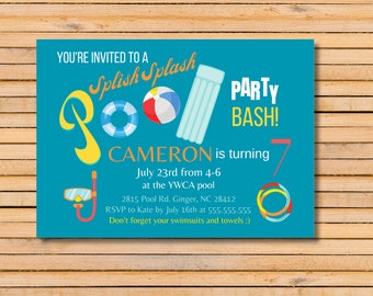 Pool Party Birthday Invitation/ Editable invitation/ splish splash pool party/ 5x7