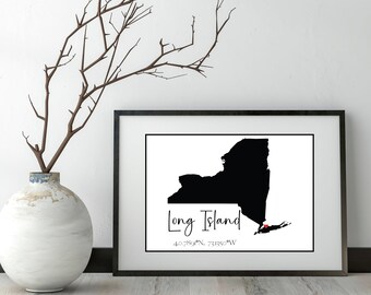 Custom Minimalist City State Latitude Longitude Wall Art print/Silhouette State Print/Black and White City State Map/Engagement Gift