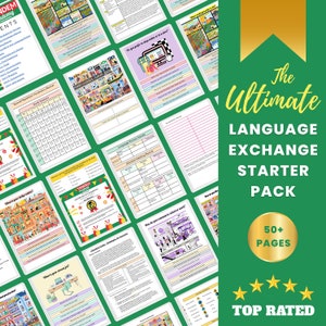 May include: A collage of colorful pages with the text "The Ultimate Language Exchange Starter Pack" and "50+ Pages" in a gold circle. The text "Top Rated" is below a row of five gold stars. The pages feature various activities and exercises for language learners.