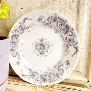 Può includere: Un piatto rotondo in ceramica bianca caratterizzato da un dettagliato motivo floreale e a volute viola lungo il bordo smerlato e un intricato disegno botanico abbinato centrato al centro della superficie con una finitura liscia e lucida.