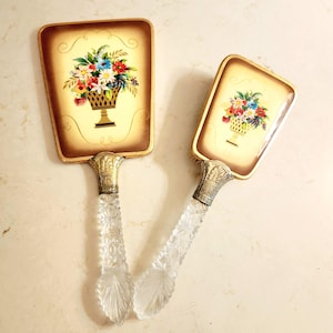 Vintage Hand Mirror and Brush   I   Perfect Crystal Handles  I    Grandmillennial Style   I   Art Deco   I   Bathroom Decor