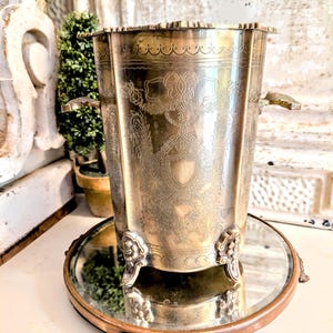 Vintage Solid Brass Vase     Footed Handled Vessel    Ornate