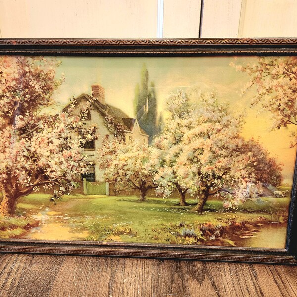 Antique "Blossom Time"   I    1925 framed Robert Atkinson Fox print  I     ready to hang    I    English country