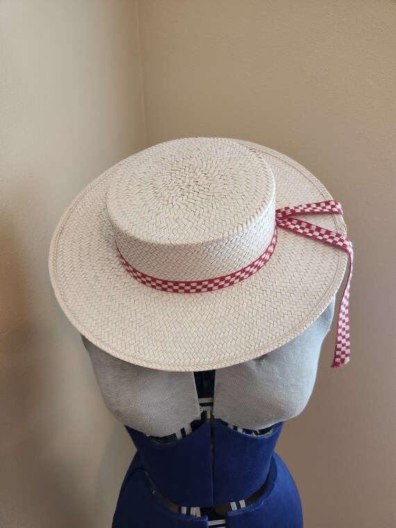 Vintage cream white boater straw hat; gingham red band Gem