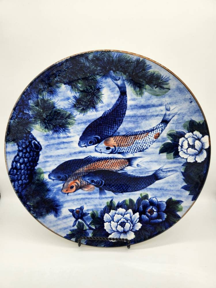 Vintage Koi Fish Lotus Flower Platter, Andrea by Sadek, Japan