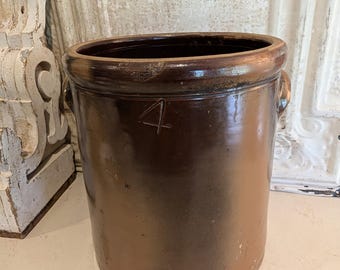 Antique Brown Stoneware Pottery Crock With Side Handles   12 inches tall