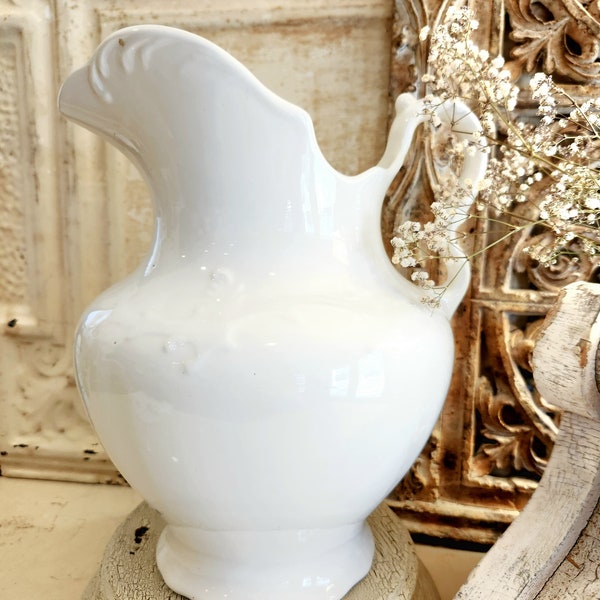 Large (12 inches tall) Antique white Ironstone pitcher, KT & K Ironstone, 1800's