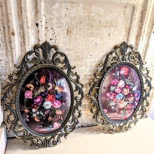 Pair of Vintage Italian Brass Frames   I    Floral Prints   I    Convex Glass