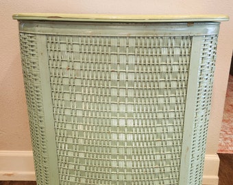 Vintage MCM laundry hamper, retro and kitschy from the 1950's, light mint green wicker hamper, Original