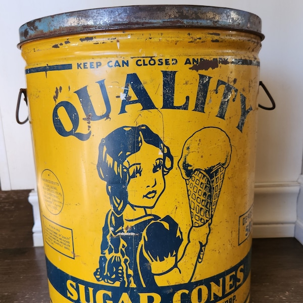 Antique Sugar Cone Tin   I    Fabulous Graphics    I    15.5 inches tall  12.25 inch diameter   I    Very Rare