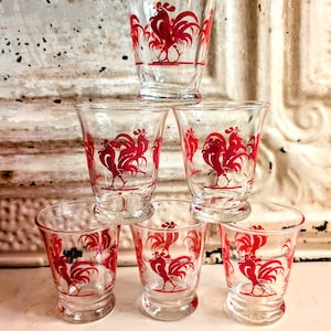 Vintage Juice Glasses   (SIX)      MCM Cocktail Set     Shot Glasses     Red Rooster     Anchor Hocking   Tiny Pedestal Glass