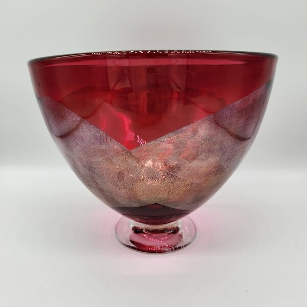 Artist Signed, Jeff Zimmerman, bowl, exclusively for Tiffany and Co., cranberry red, gold-etched glass footed bowl, compote, Christmas decor