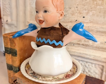 Vintage Doll Assemblage Art          Porcelain Doll Head        Transferware Saucer