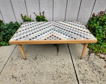 MCM coffee table, tile topped mosaic pattern, handmade in the 1960's, retro and kitschy