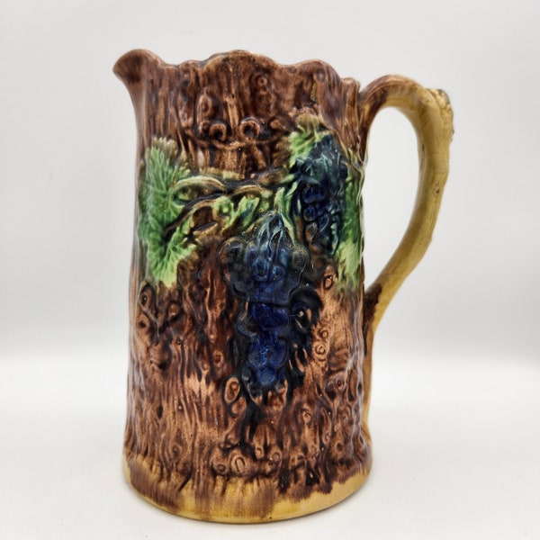 Antique Majolica Pitcher   I   Grapes and Leaves  I   Wonderful Patina  I  Circa 1880s   I  7.5 inches tall