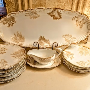 Antique Porcelain Fish Serving Set   I   Late 1800&#39;s  I   French Limoges Platter Plates Saucière  I   Aquatic Plants   I   RARE    15 Pieces