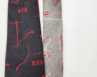 Vintage Skinny Silk Necktie    I     Madmen MCM Tie   I   Unique Black, Gray, Red Design