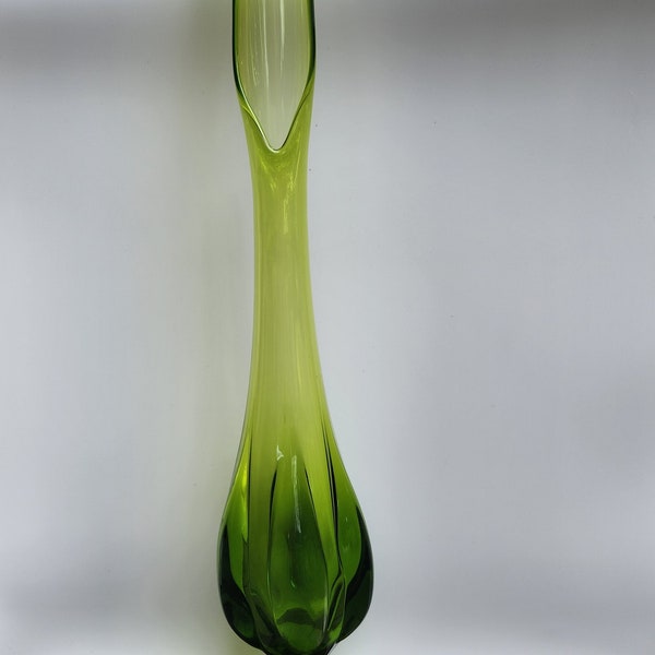Very Large Vintage MCM Viking Glass Green Swung Glass Six Petal Pedestal Vase, 23 inches tall, #1432
