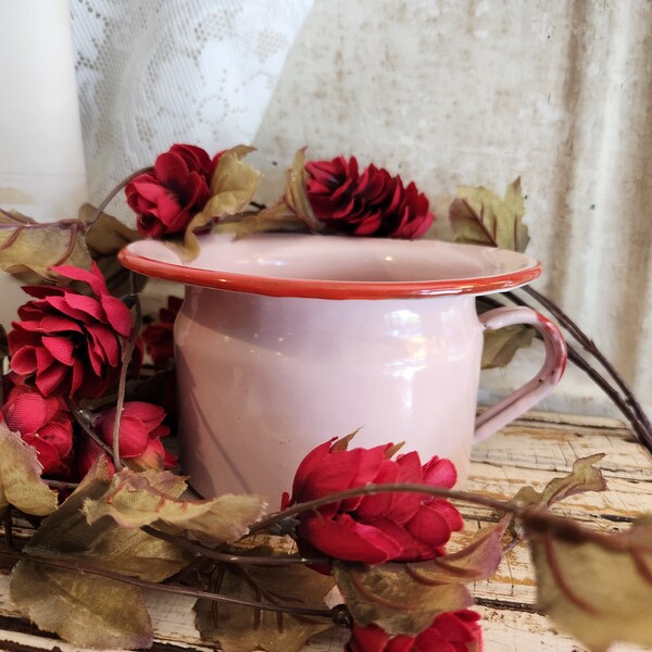 Vintage Enamel Pot  I  Unique Planter  I    Perfect Vintage Patina   I   Children's Decor   I   Pink and Red