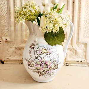 1860 - 1880  Large (12 inches tall) Ironstone Pitcher   I       Aesthetic Movement   I   Brown Transferware Pink and Yellow Floral