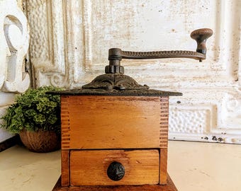Antique Coffee Grinder   I    Dovetail Wood  Cast Iron