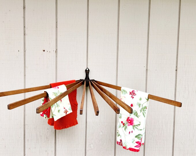 Antique Wooden Wall Mounted, Hanging Drying Rack With Cast Iron Metal ...