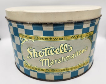 Antique Marshmallow Tin   I   Shotwell's Marshmallows   I   Blue and White Checkered   I   Five Pounds   I    5 7/8 inches tall