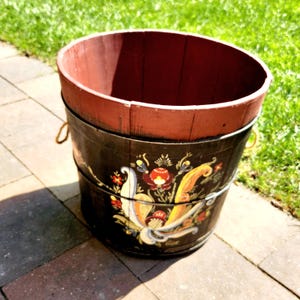 Large Antique Wood Bucket   I  1800s  Primitive Pail   I    Pennsylvania Dutch Design   I    14.75 inches tall